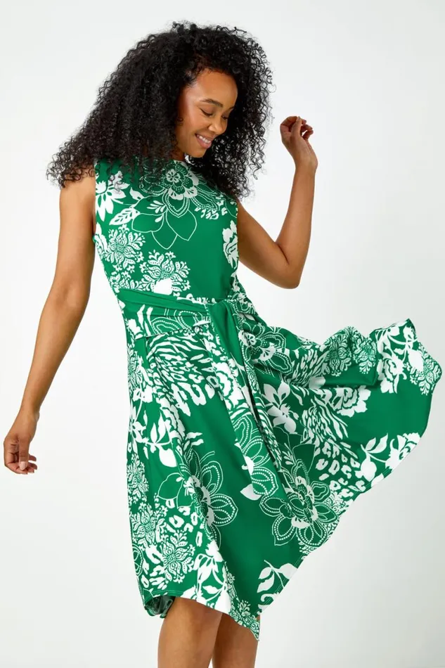 Women Green Petite Tie Waist Floral Stretch Dress Roman Dresses