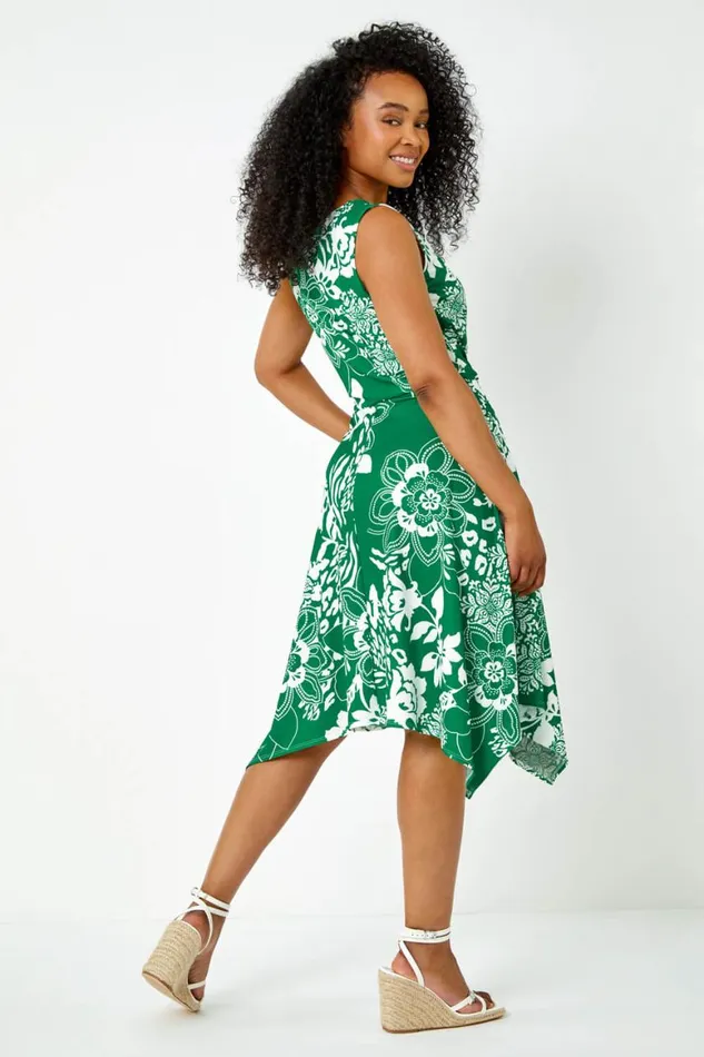 Women Green Petite Tie Waist Floral Stretch Dress Roman Dresses