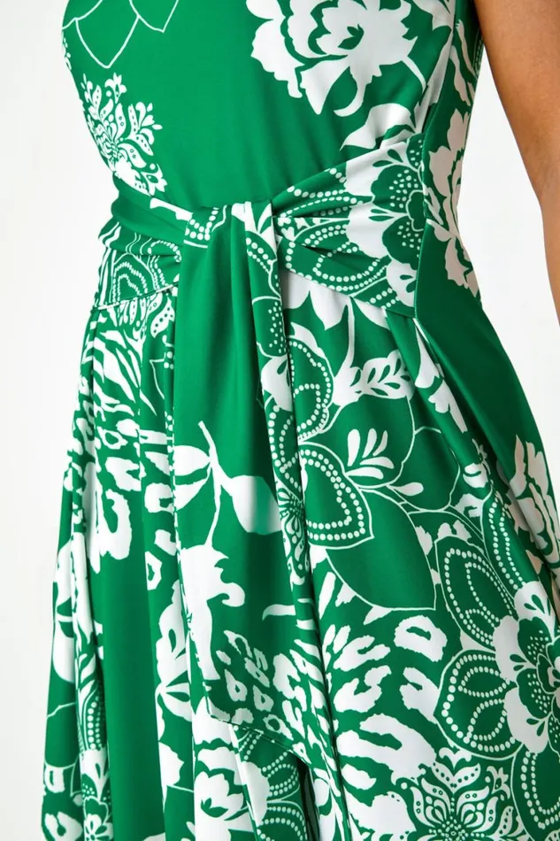 Women Green Petite Tie Waist Floral Stretch Dress Roman Dresses