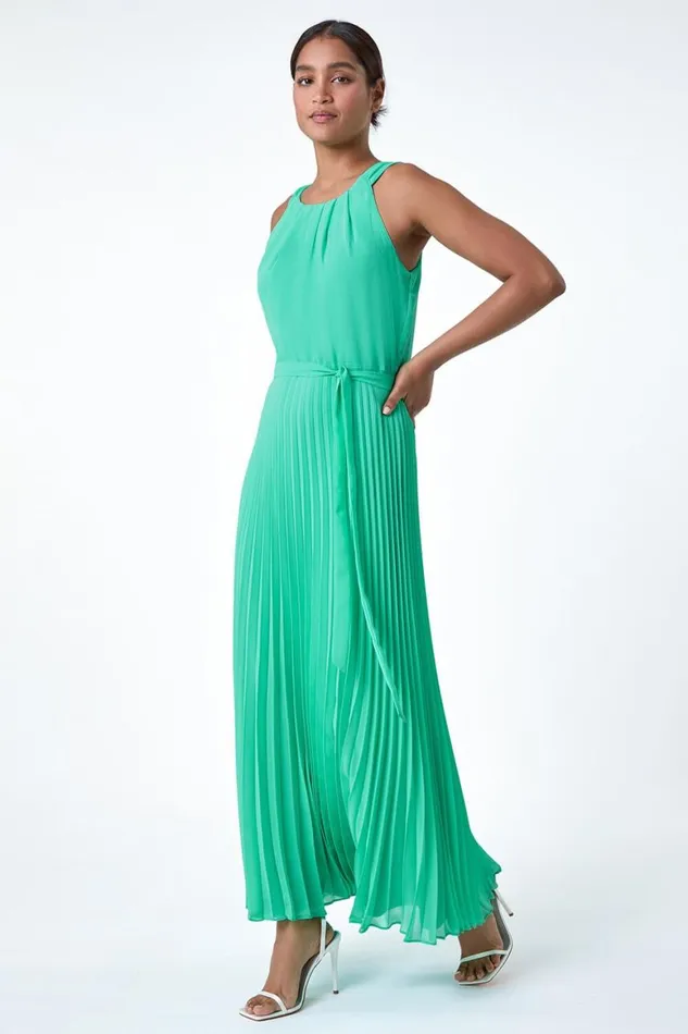 Women Green Pleated Halter Neck Maxi Dress Roman Dresses