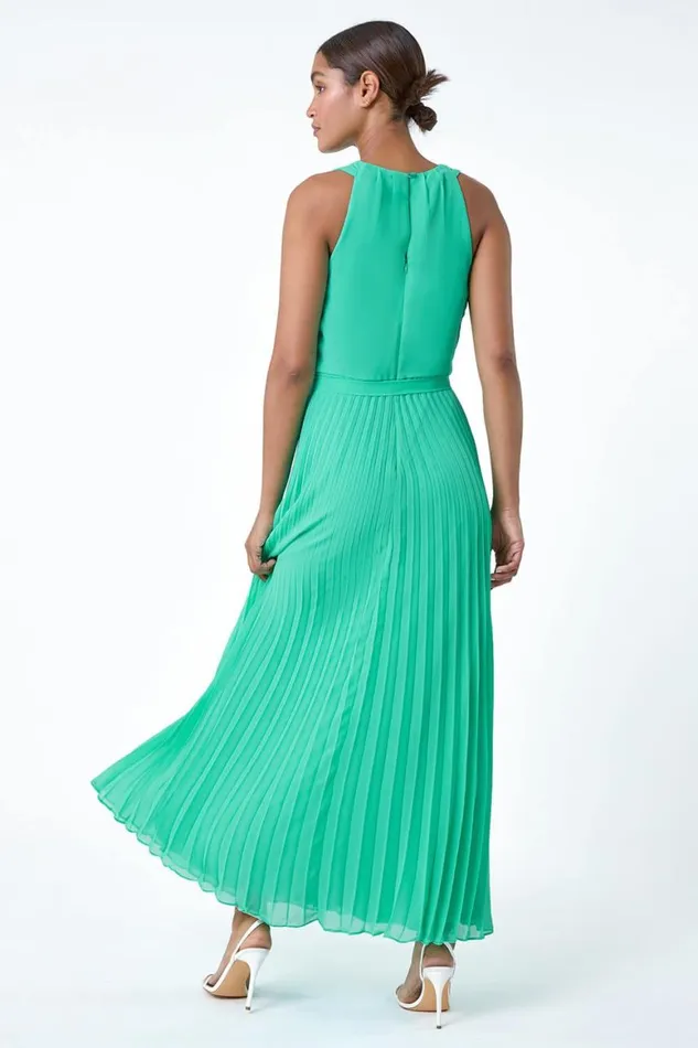 Women Green Pleated Halter Neck Maxi Dress Roman Dresses