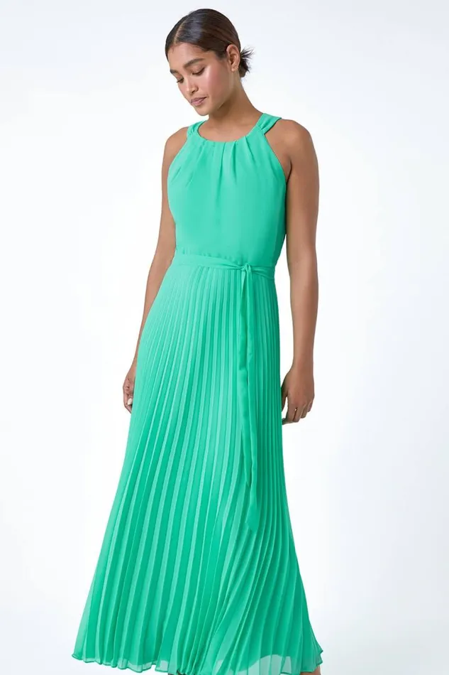 Women Green Pleated Halter Neck Maxi Dress Roman Dresses