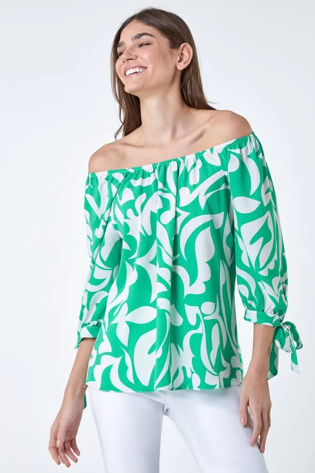 Women Green Printed Tie Sleeve Bardot Top Roman Tops