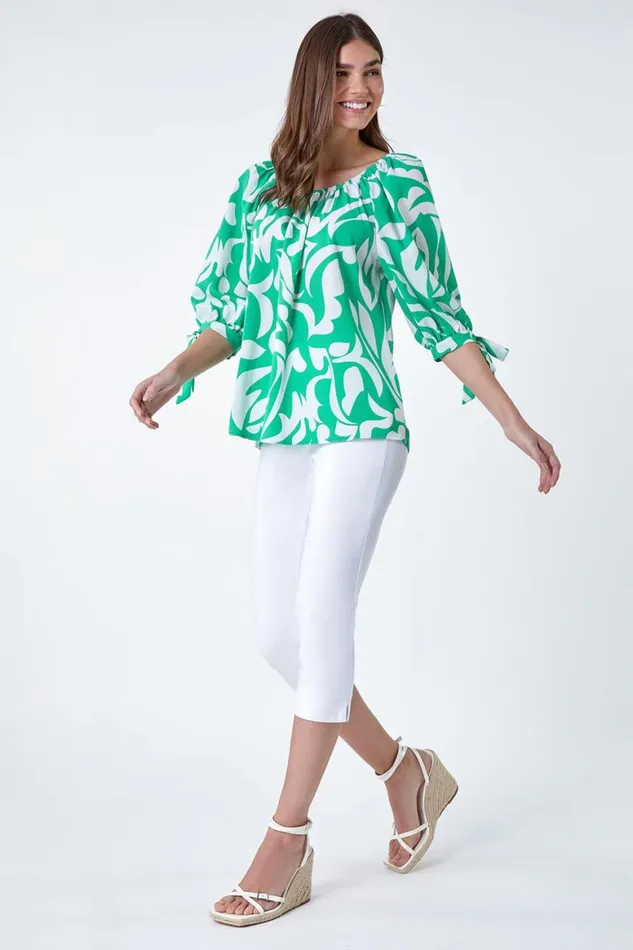Women Green Printed Tie Sleeve Bardot Top Roman Tops