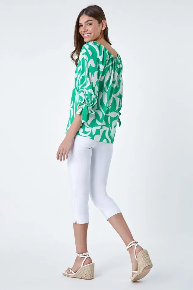 Women Green Printed Tie Sleeve Bardot Top Roman Tops