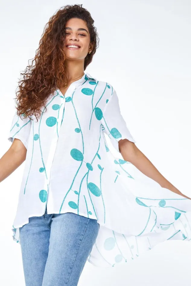 Women Green Spot Print Button Through Shirt Roman Tops
