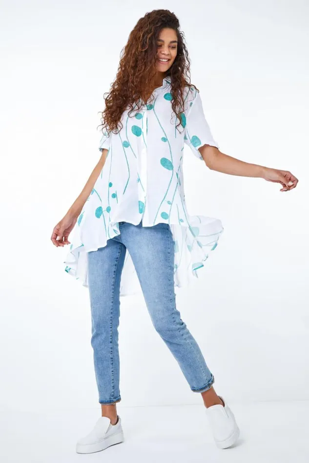 Women Green Spot Print Button Through Shirt Roman Tops