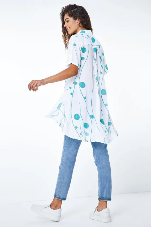 Women Green Spot Print Button Through Shirt Roman Tops