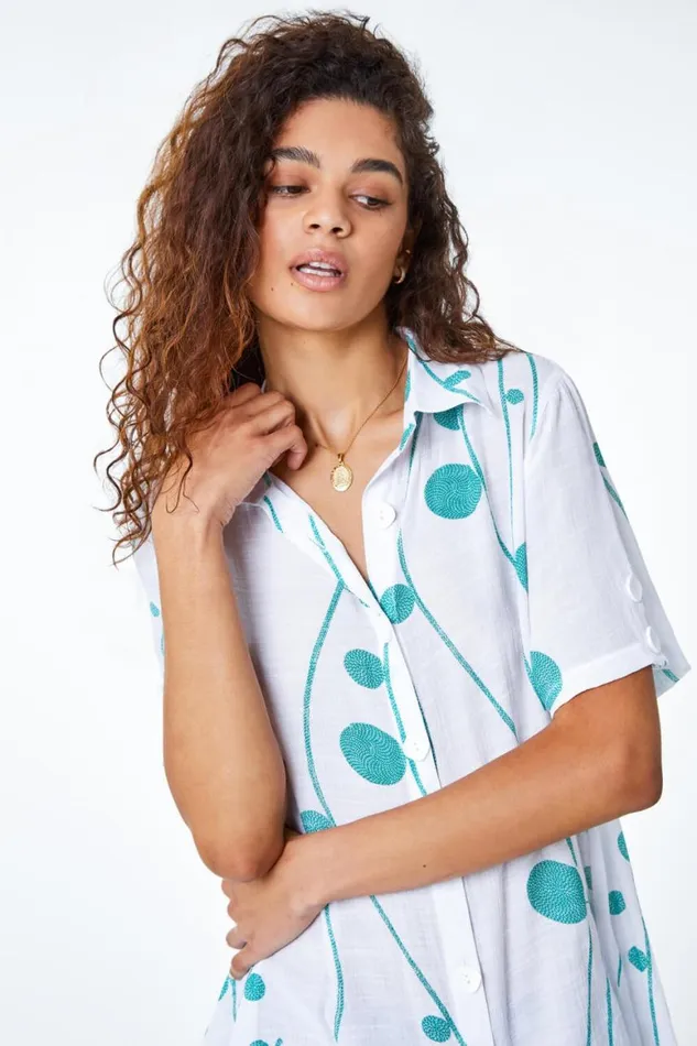 Women Green Spot Print Button Through Shirt Roman Tops