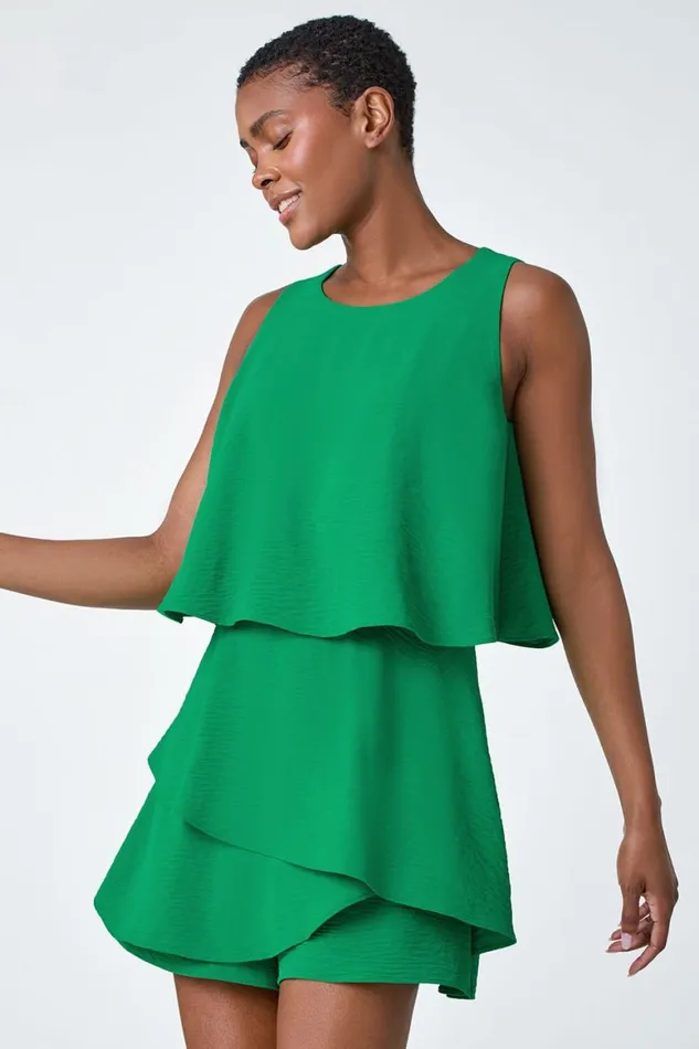 Women Green Textured Plain Tiered Playsuit Roman Dresses