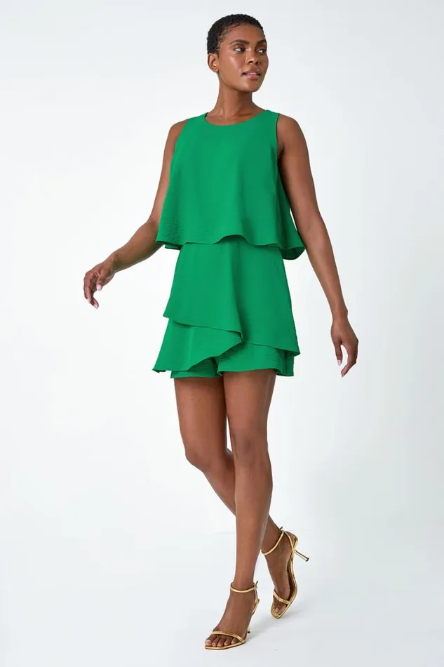 Women Green Textured Plain Tiered Playsuit Roman Dresses