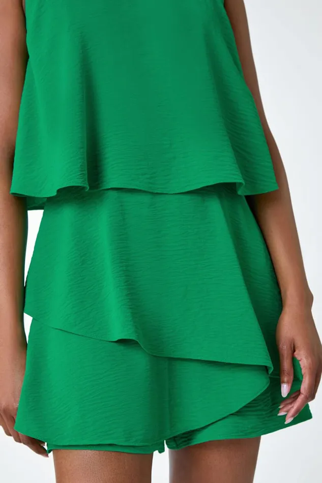Women Green Textured Plain Tiered Playsuit Roman Dresses