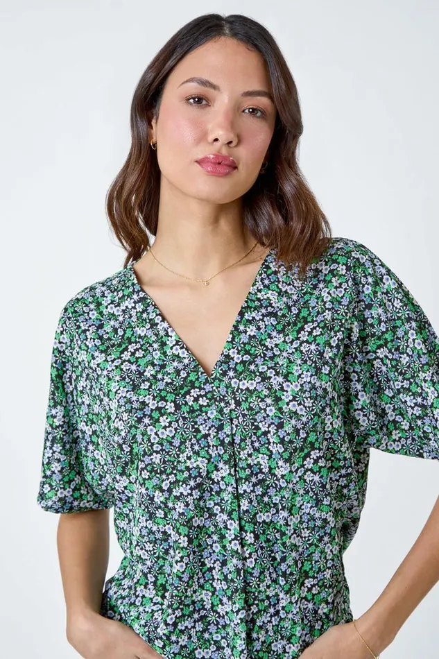 Women Green Textured Print Stretch Jersey Top Roman Tops