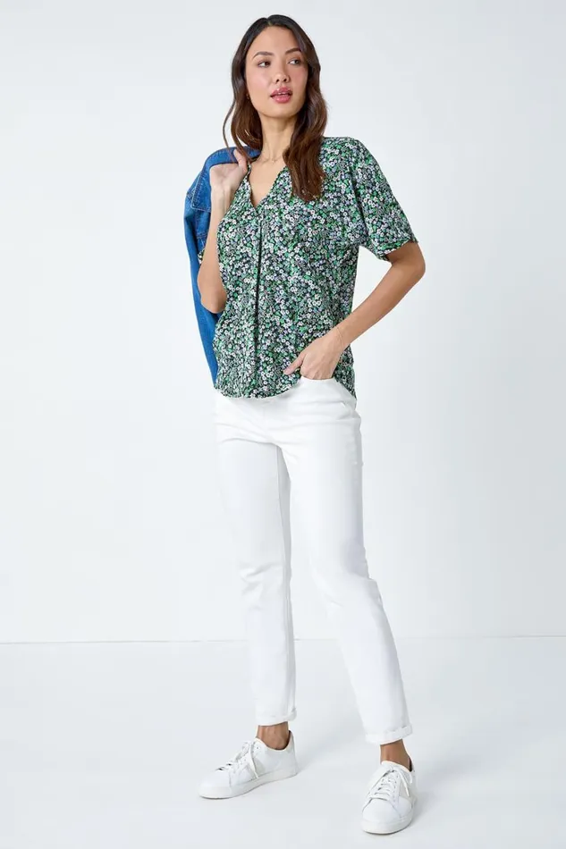 Women Green Textured Print Stretch Jersey Top Roman Tops