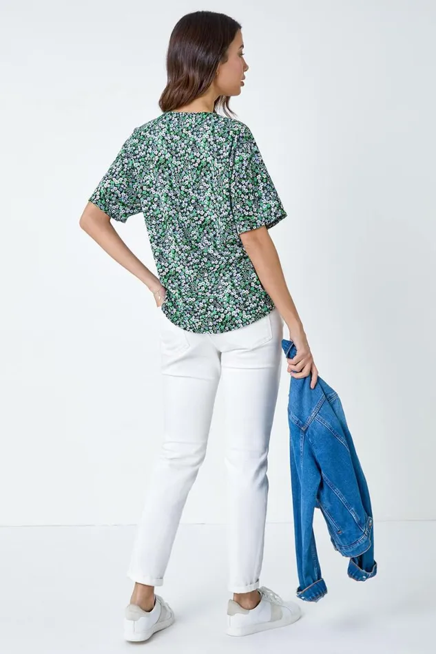 Women Green Textured Print Stretch Jersey Top Roman Tops