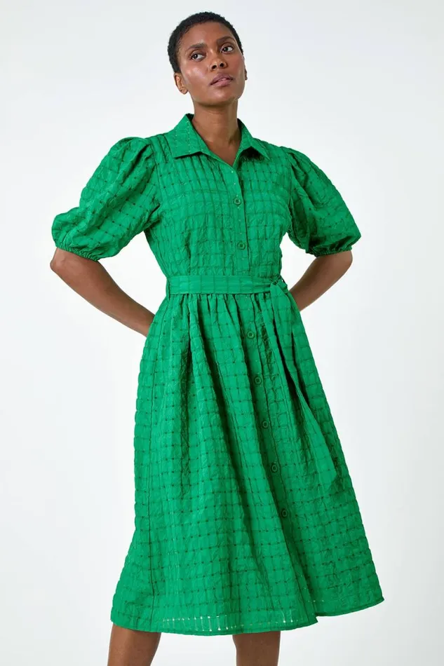 Women Green Textured Puff Sleeve Midi Shirt Dress Roman Dresses