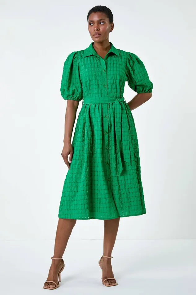 Women Green Textured Puff Sleeve Midi Shirt Dress Roman Dresses