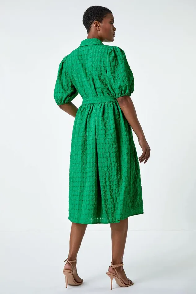 Women Green Textured Puff Sleeve Midi Shirt Dress Roman Dresses