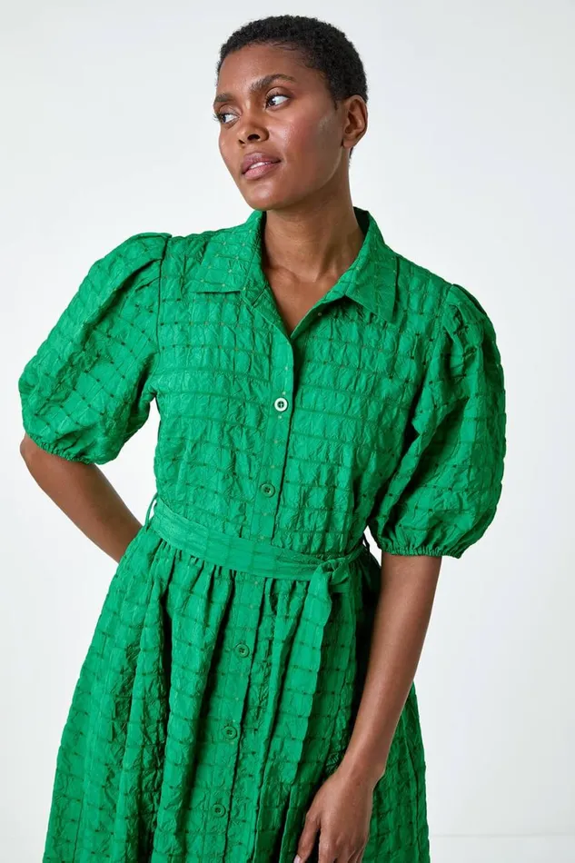 Women Green Textured Puff Sleeve Midi Shirt Dress Roman Dresses