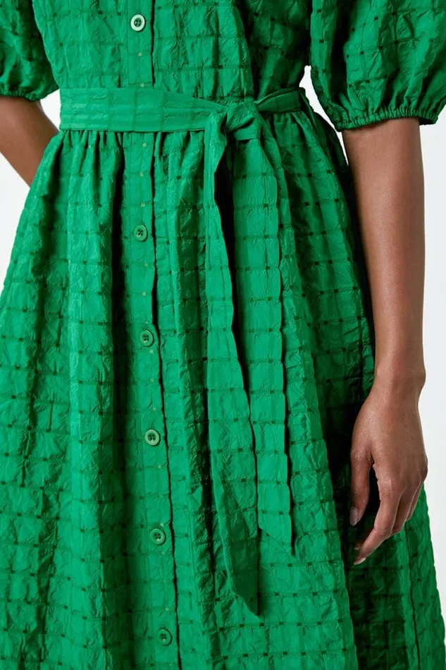 Women Green Textured Puff Sleeve Midi Shirt Dress Roman Dresses