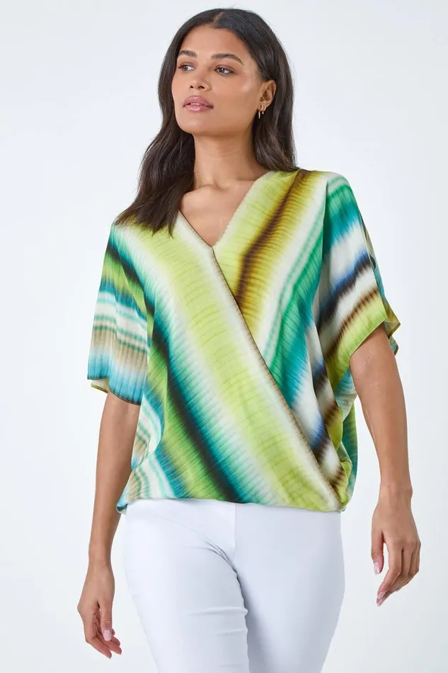 Women Green Tie Dye Stripe VNeck Wrap Top Roman Tops