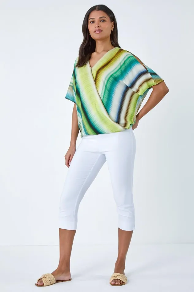Women Green Tie Dye Stripe VNeck Wrap Top Roman Tops
