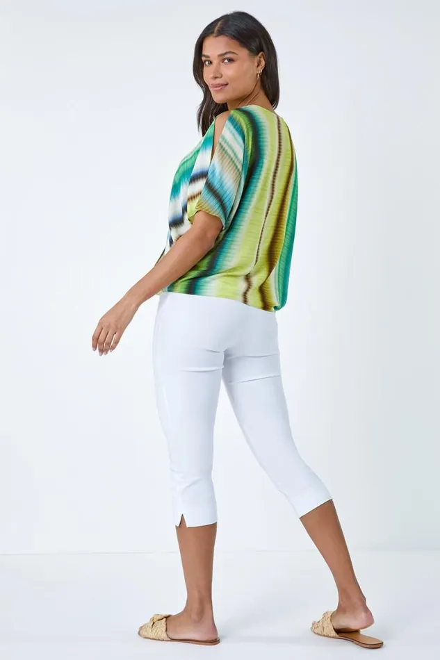 Women Green Tie Dye Stripe VNeck Wrap Top Roman Tops