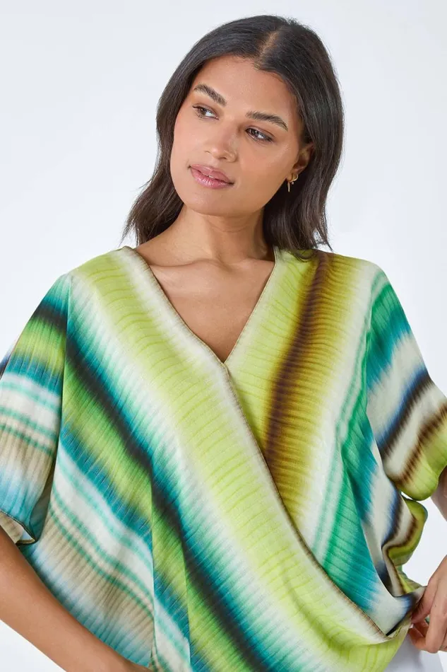 Women Green Tie Dye Stripe VNeck Wrap Top Roman Tops