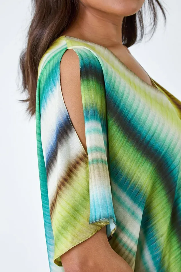 Women Green Tie Dye Stripe VNeck Wrap Top Roman Tops