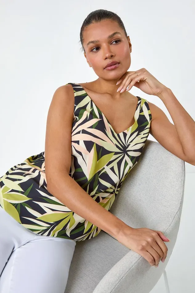 Women Green Tropical Leaf Print VNeck Cami Top Roman Tops