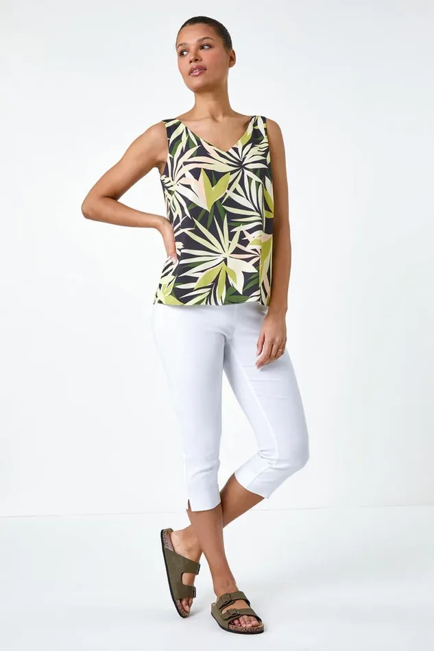 Women Green Tropical Leaf Print VNeck Cami Top Roman Tops