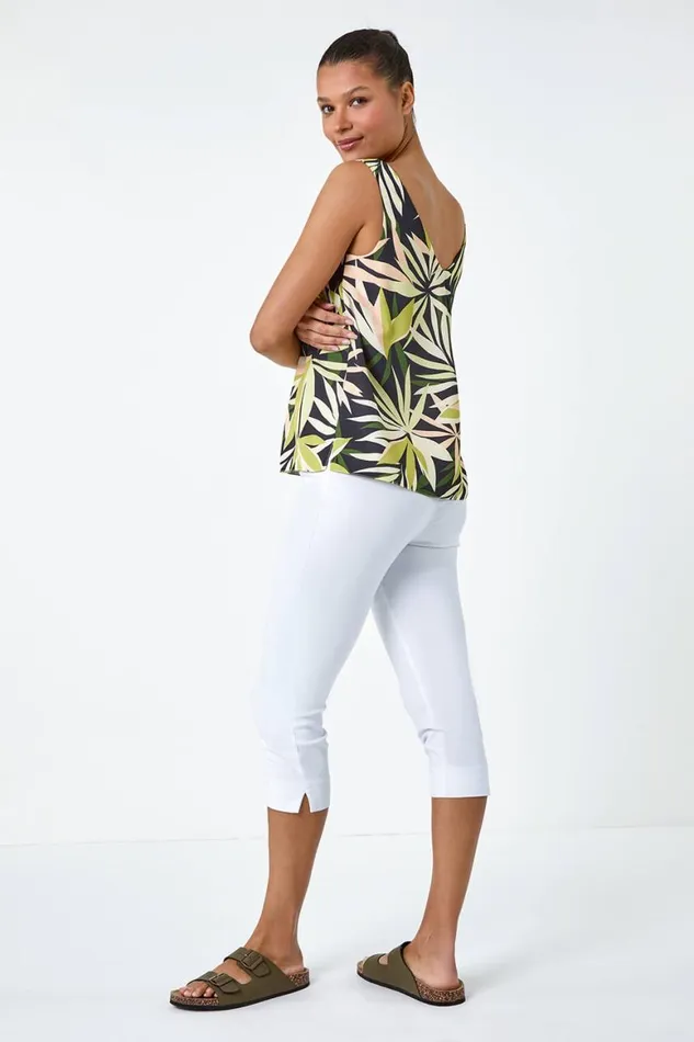 Women Green Tropical Leaf Print VNeck Cami Top Roman Tops