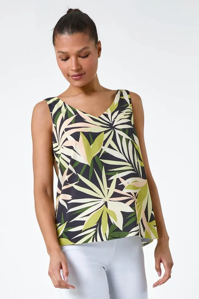 Women Green Tropical Leaf Print VNeck Cami Top Roman Tops