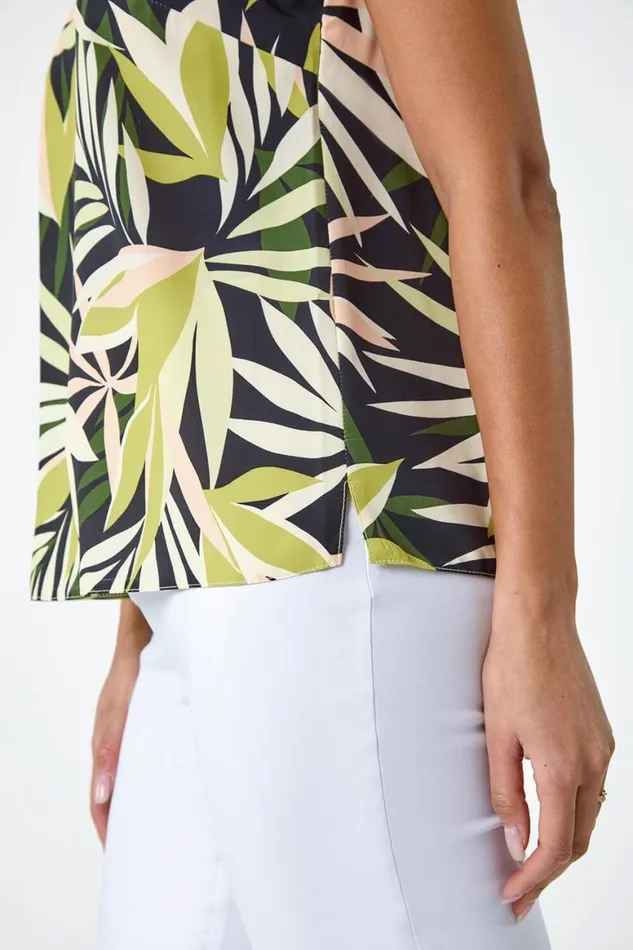 Women Green Tropical Leaf Print VNeck Cami Top Roman Tops