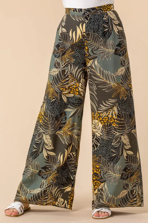 Women Green Tropical Print Elastic Waist Wide Leg Trouser Roman Trousers