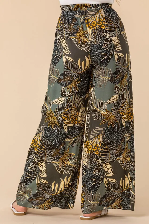 Women Green Tropical Print Elastic Waist Wide Leg Trouser Roman Trousers