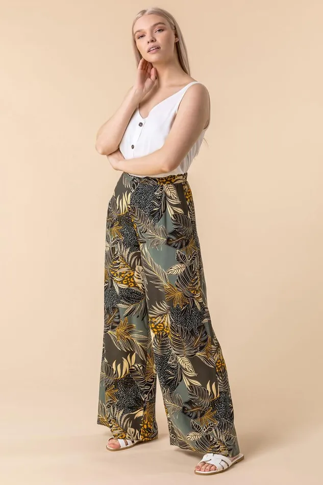 Women Green Tropical Print Elastic Waist Wide Leg Trouser Roman Trousers
