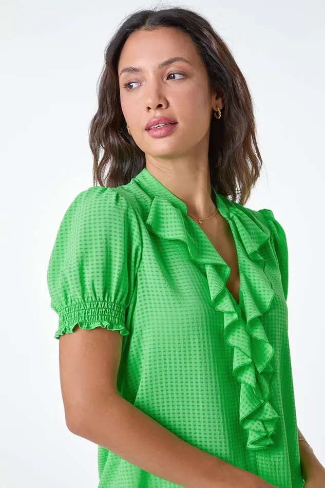 Women Green Waffle Textured VNeck Frill Detail Top Roman Tops