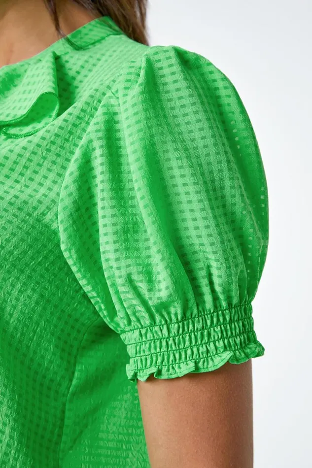 Women Green Waffle Textured VNeck Frill Detail Top Roman Tops