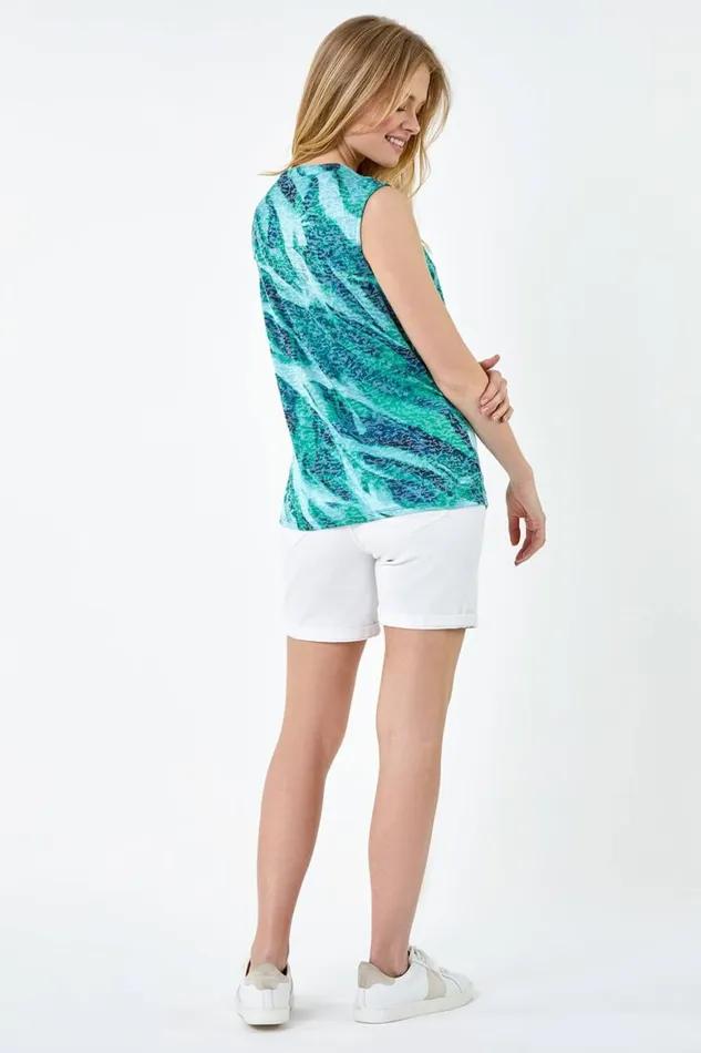 Women Green Wave Burnout Print VNeck Stretch Tie Top Roman Tops