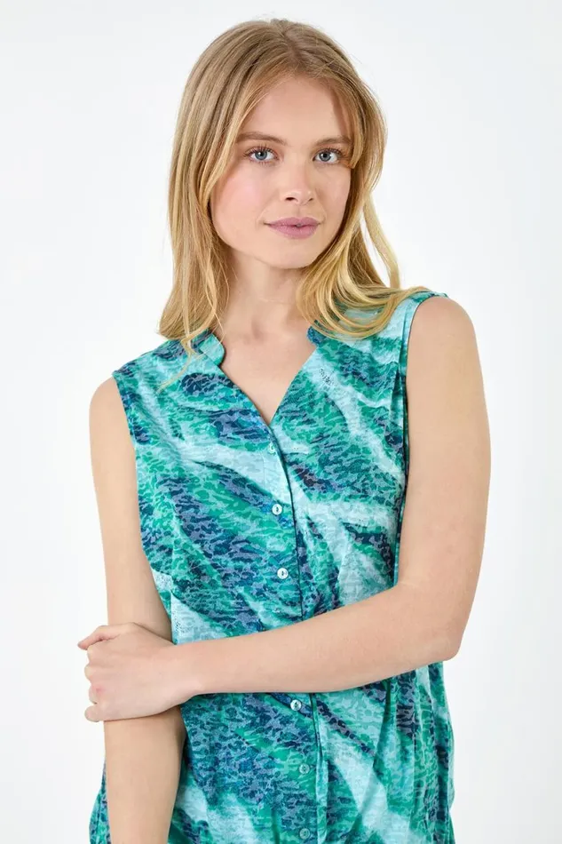 Women Green Wave Burnout Print VNeck Stretch Tie Top Roman Tops