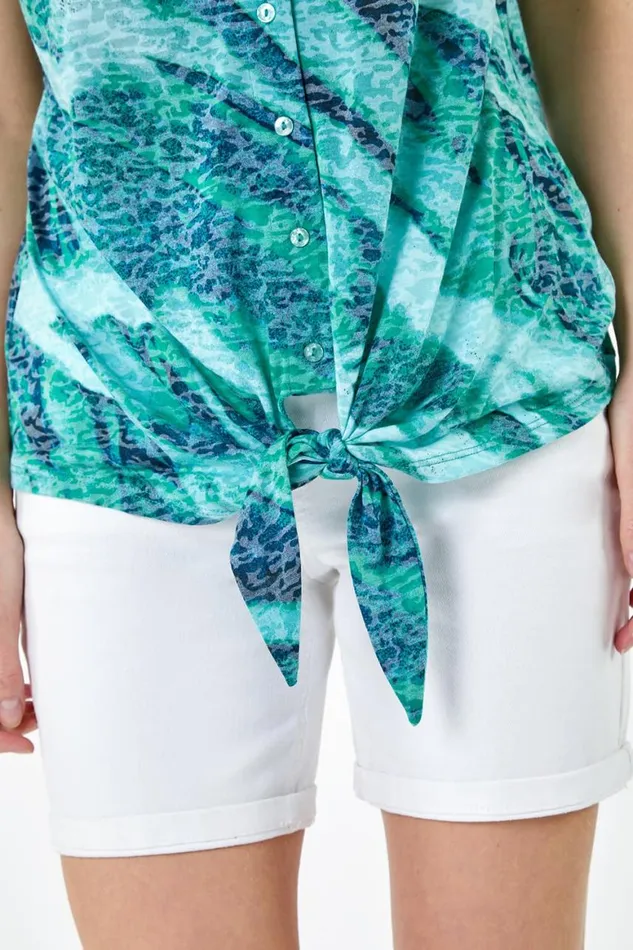 Women Green Wave Burnout Print VNeck Stretch Tie Top Roman Tops