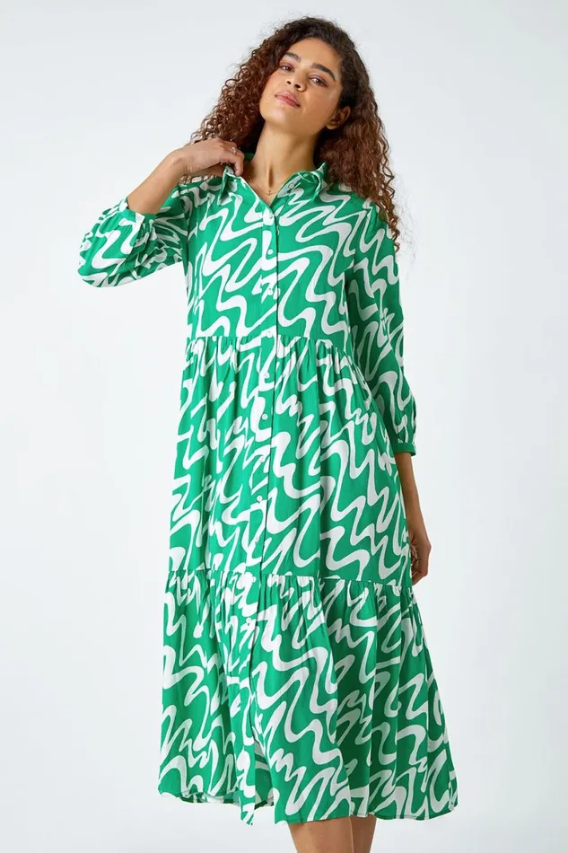 Women Green Wave Print Tiered Shirt Dress Roman Dresses