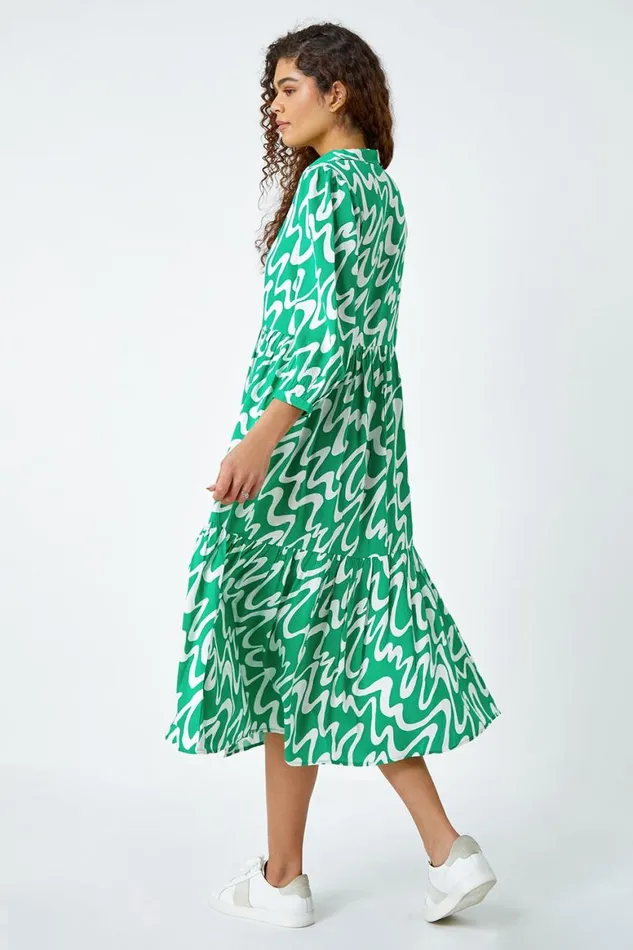Women Green Wave Print Tiered Shirt Dress Roman Dresses