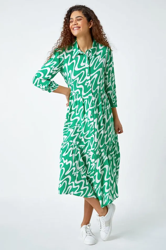 Women Green Wave Print Tiered Shirt Dress Roman Dresses