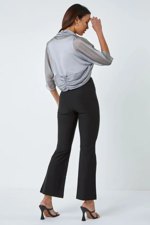 Women Grey 34 Sleeve Ruched Hem Chiffon Bolero Roman Tops
