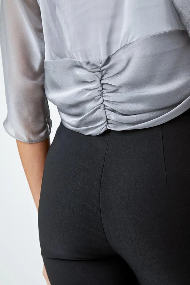 Women Grey 34 Sleeve Ruched Hem Chiffon Bolero Roman Tops