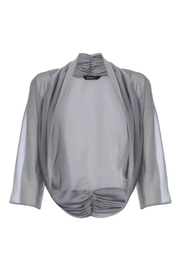 Women Grey 34 Sleeve Ruched Hem Chiffon Bolero Roman Tops