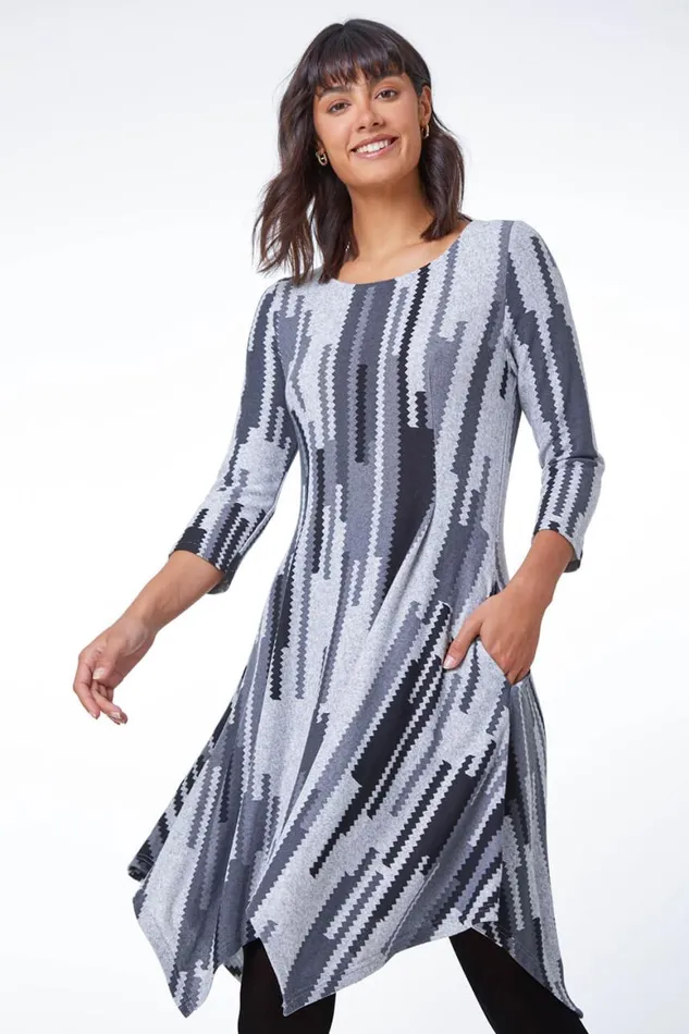 Women Grey Abstract Stripe Hanky Hem Swing Dress Roman Dresses