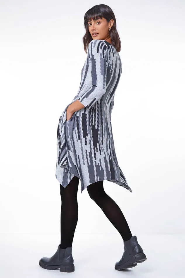 Women Grey Abstract Stripe Hanky Hem Swing Dress Roman Dresses
